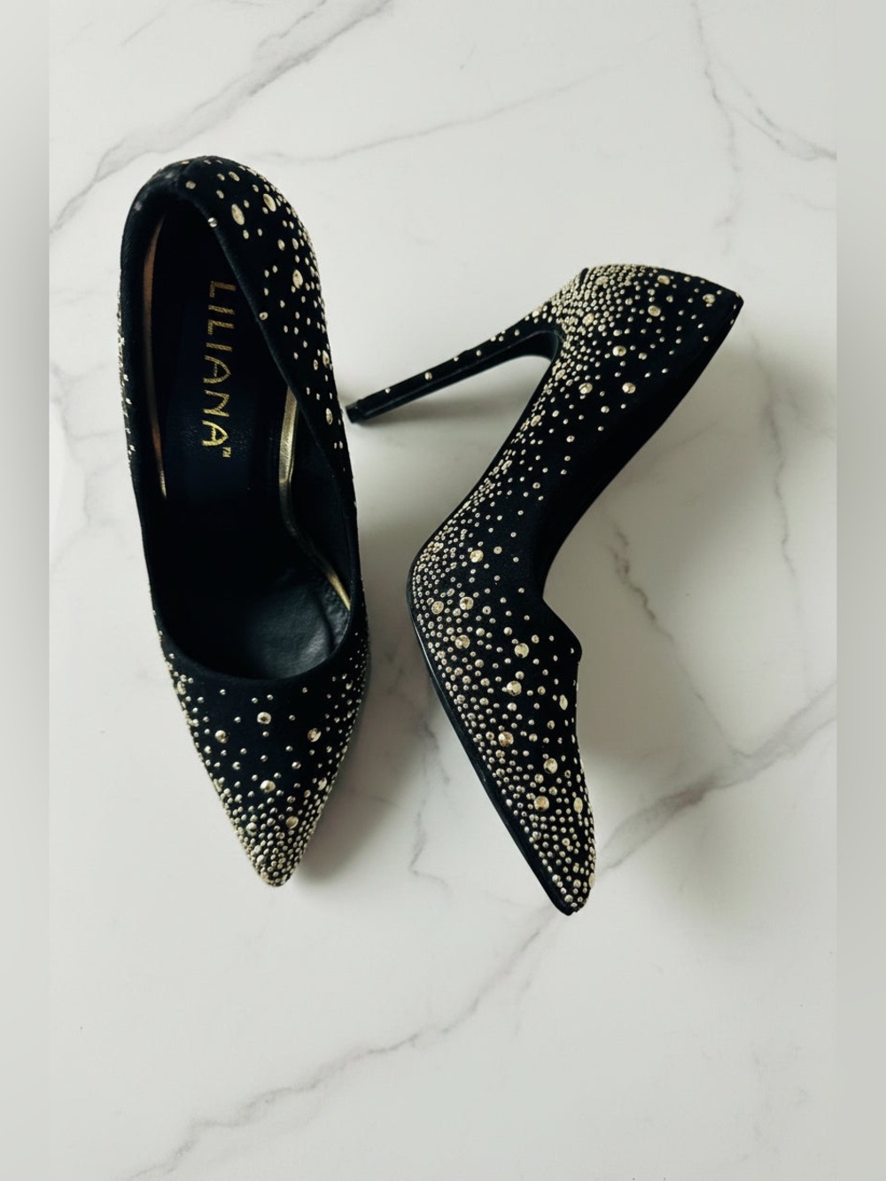 Liliana Black Rhinestone-Studded Pointed Toe Stilettos